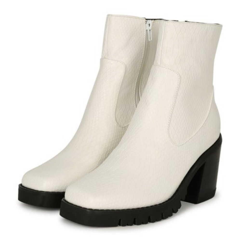 White Chunky Heel Ankle Boots